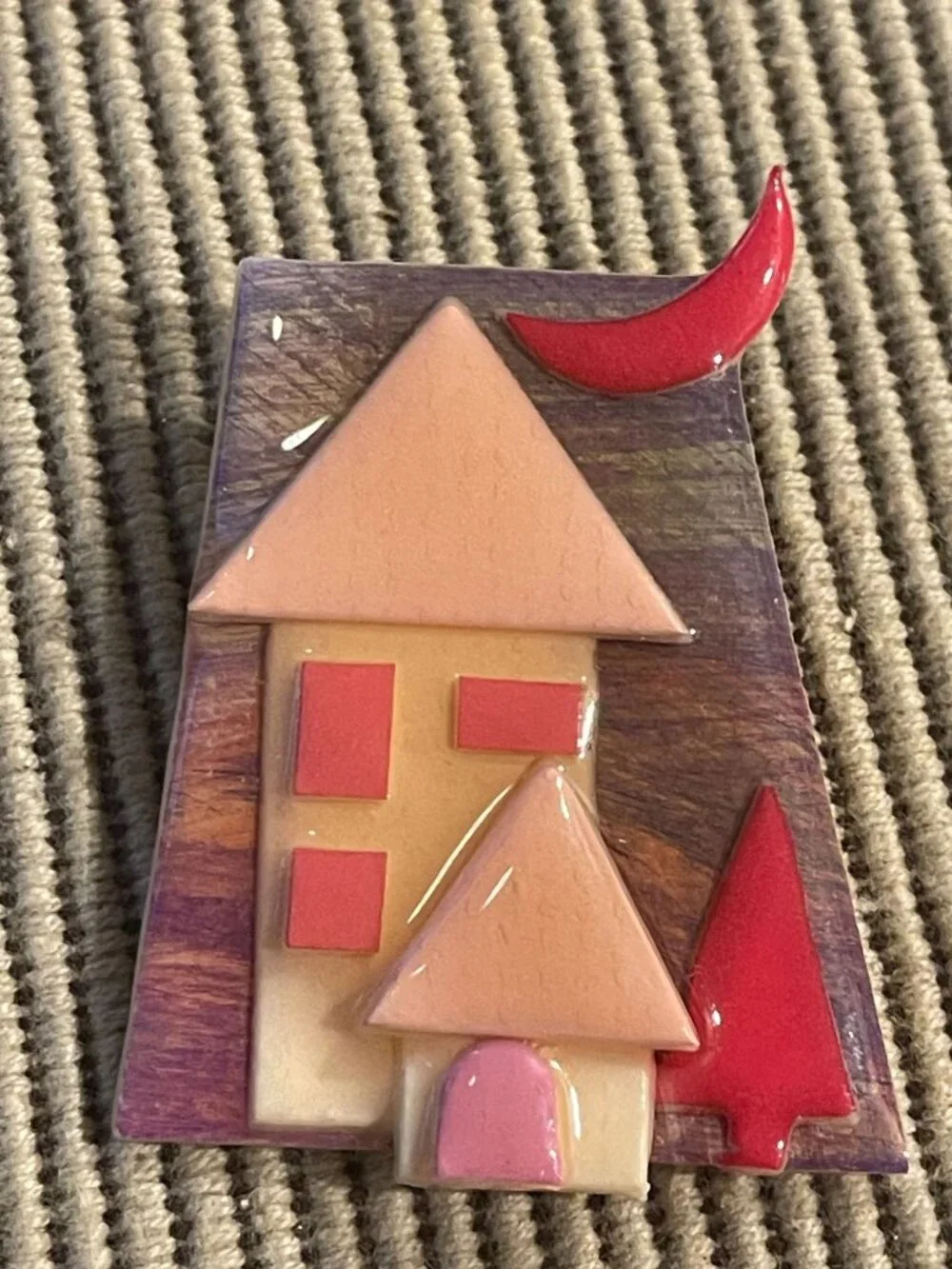 Vtg Lucinda House Brooch Pin With Red Moon Tree & Whimsical Home Design - Unique